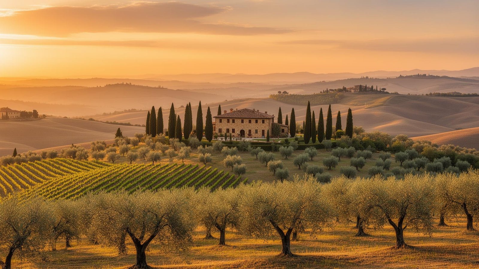 Sun-drenched Tuscan countryside at golden hour